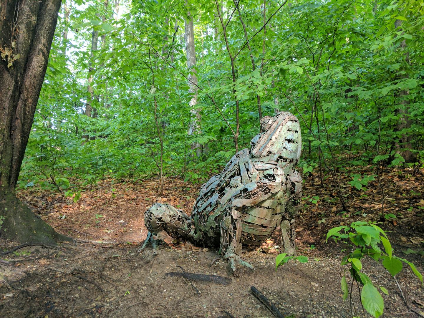 Metal frog sculpture in a lush green forest.