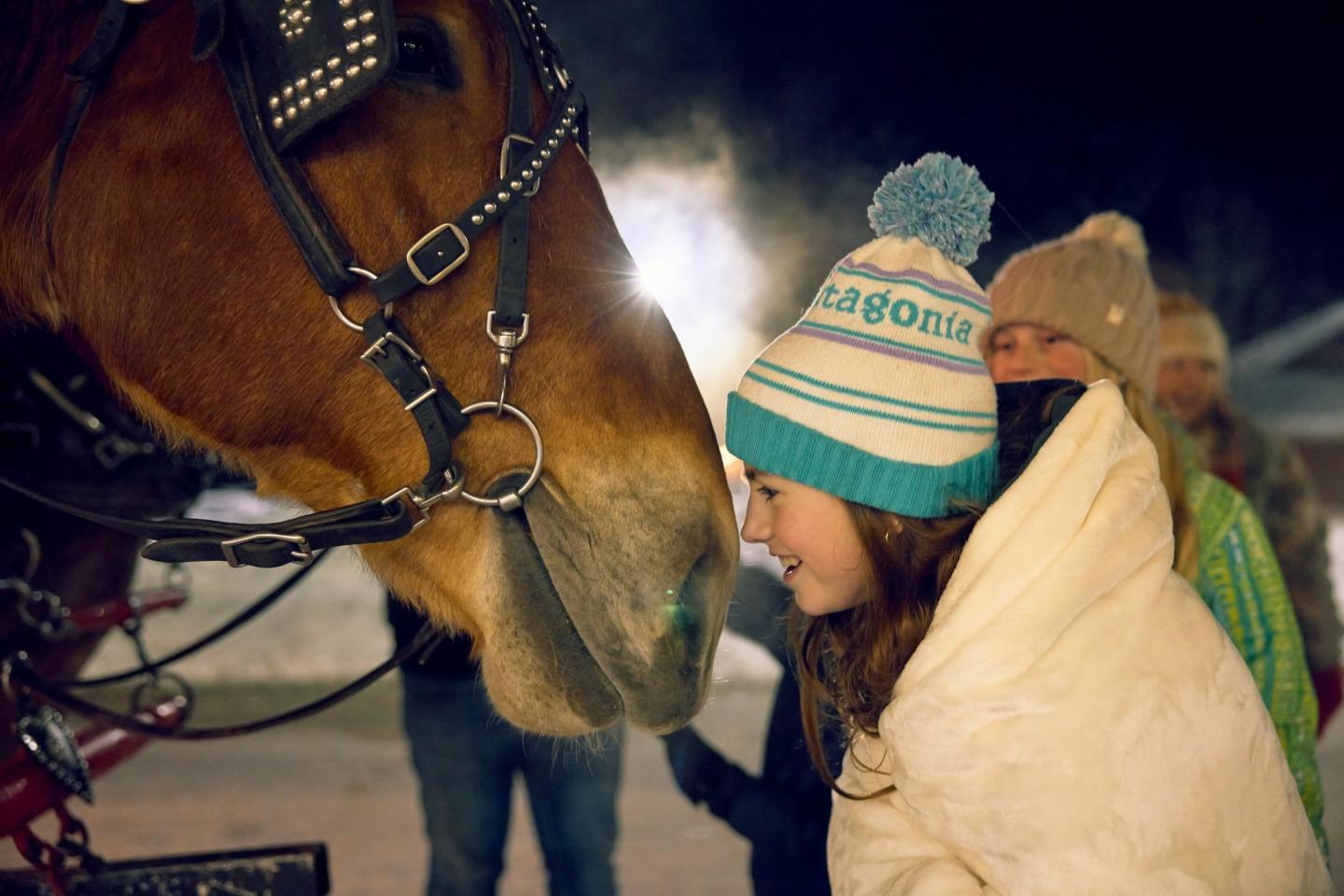 Girl in winter gear smiling at a horse under nighttime lights.