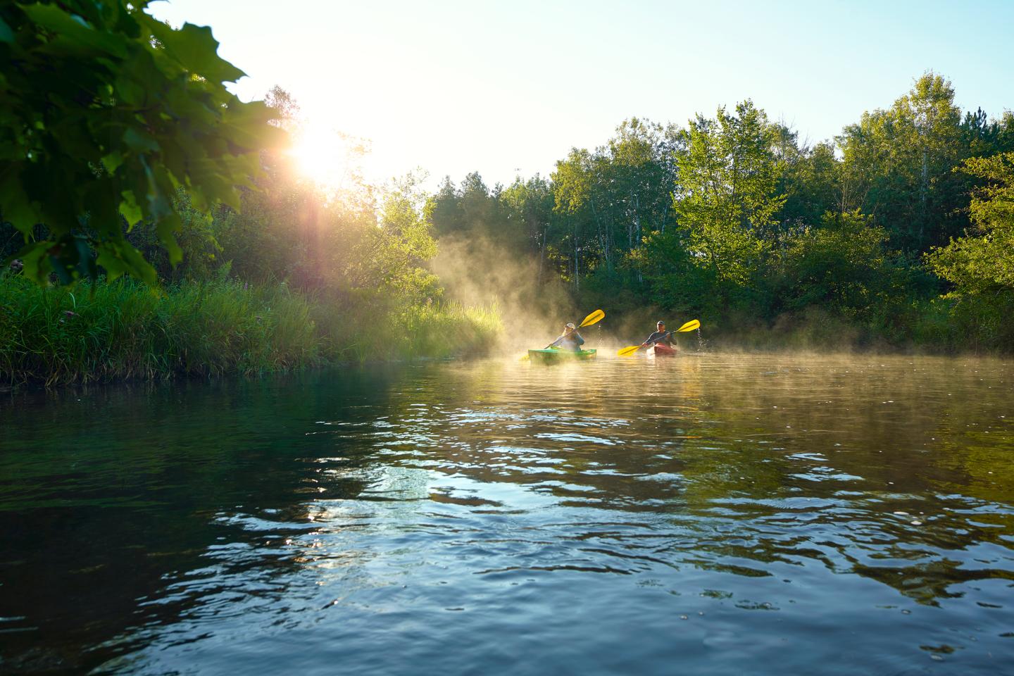 Sunlit river with kayakers, surrounded by lush trees and mist.