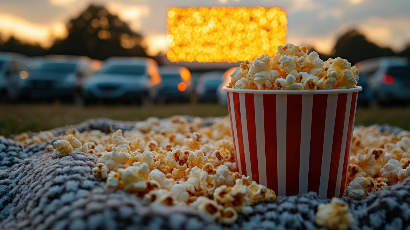 Popcorn on the lawn of a drive in movie theater