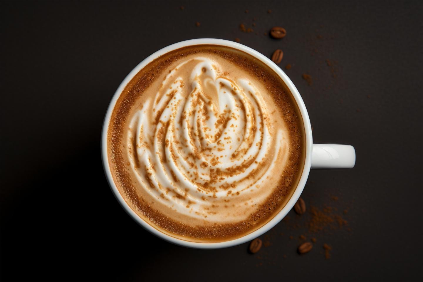 Creamy cappuccino with cinnamon on a dark surface, scattered coffee beans nearby.