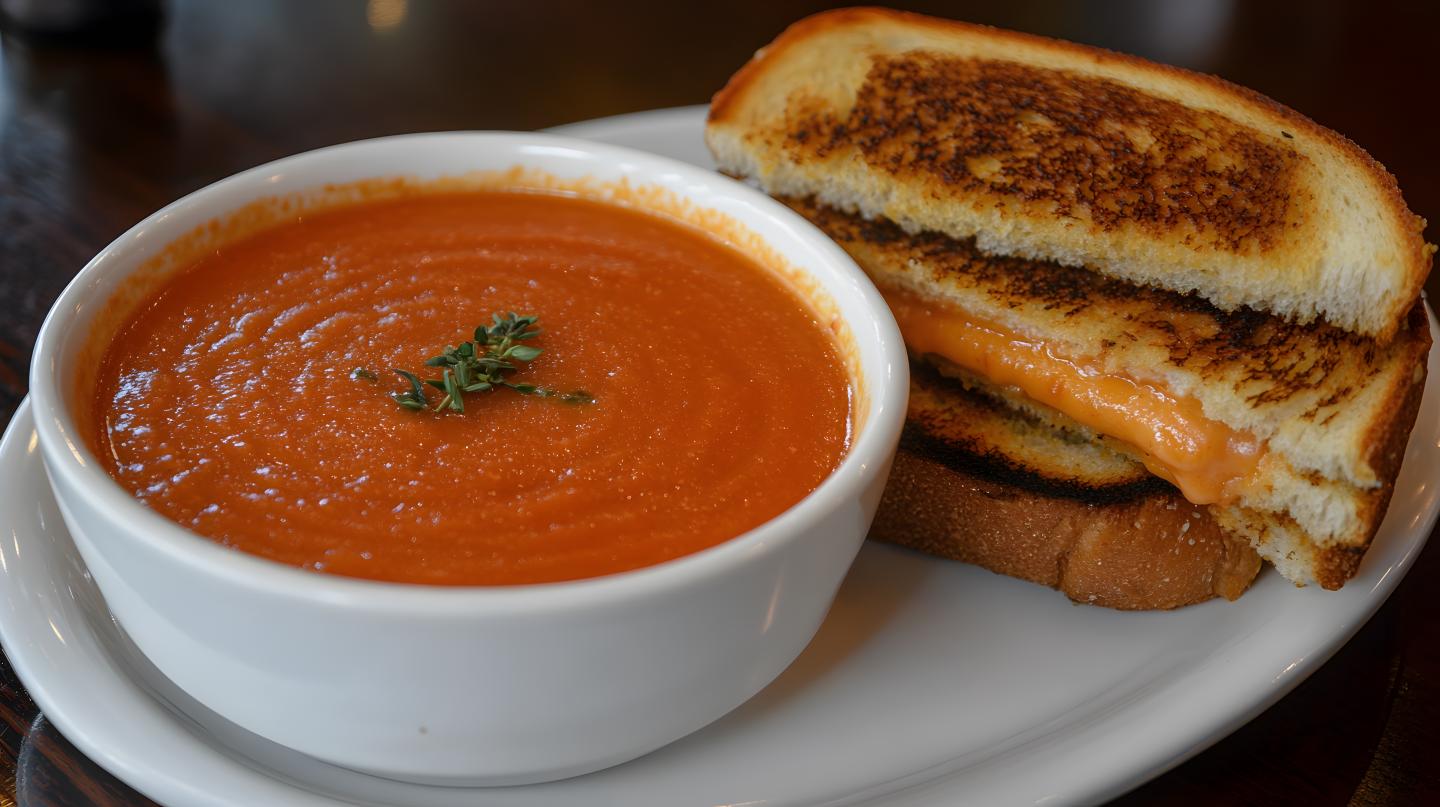 Tomato soup with grilled cheese sandwich on a white plate.