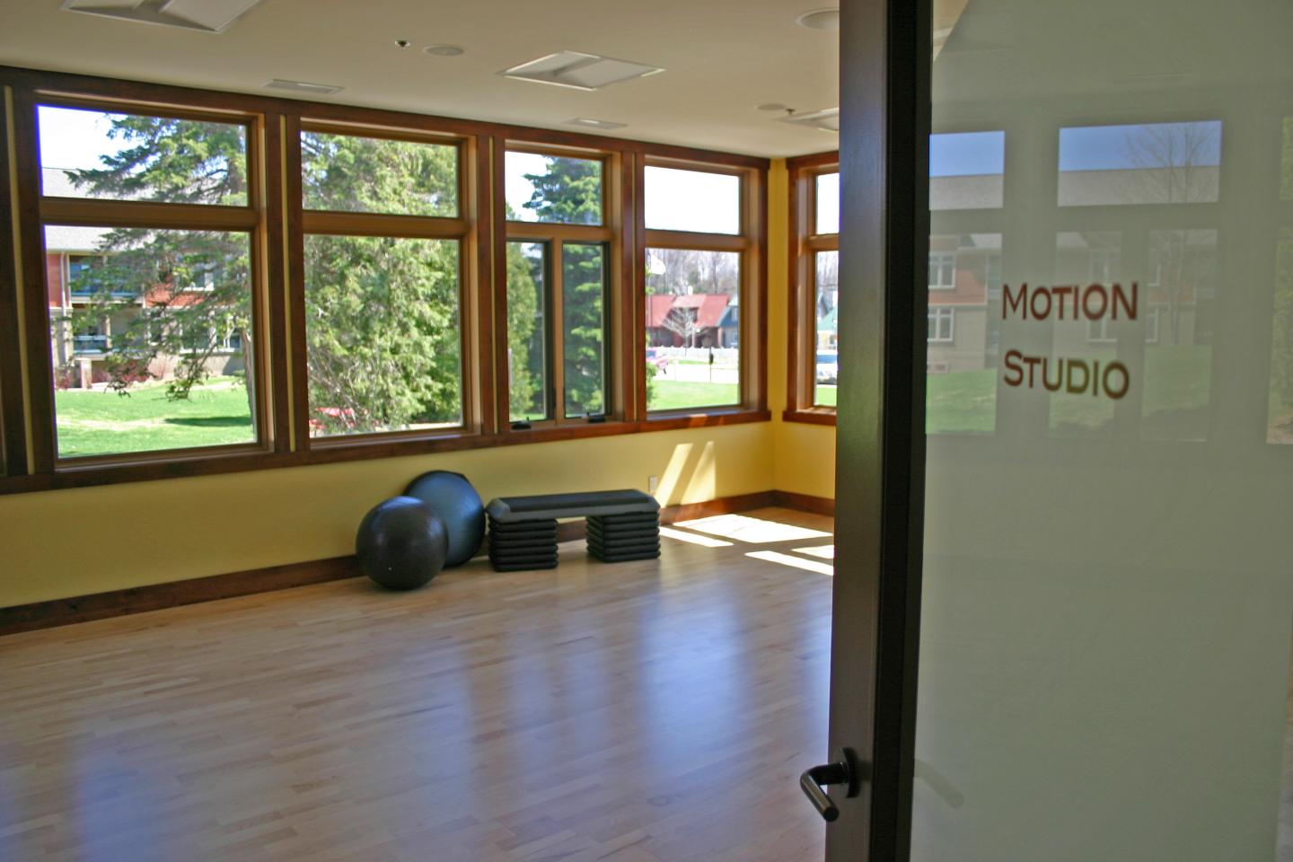 Empty room with exercise balls, large windows, and a "Motion Studio" sign on the door.