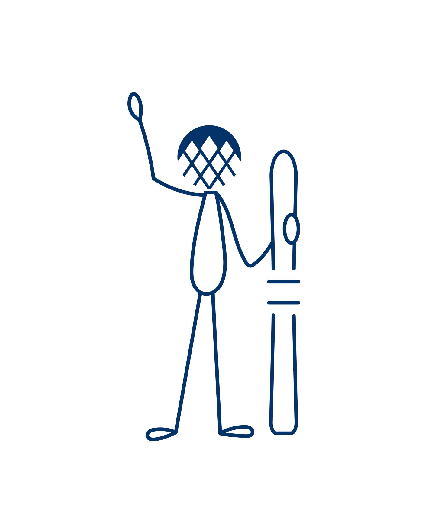 Stick figure holds a pair of skis.