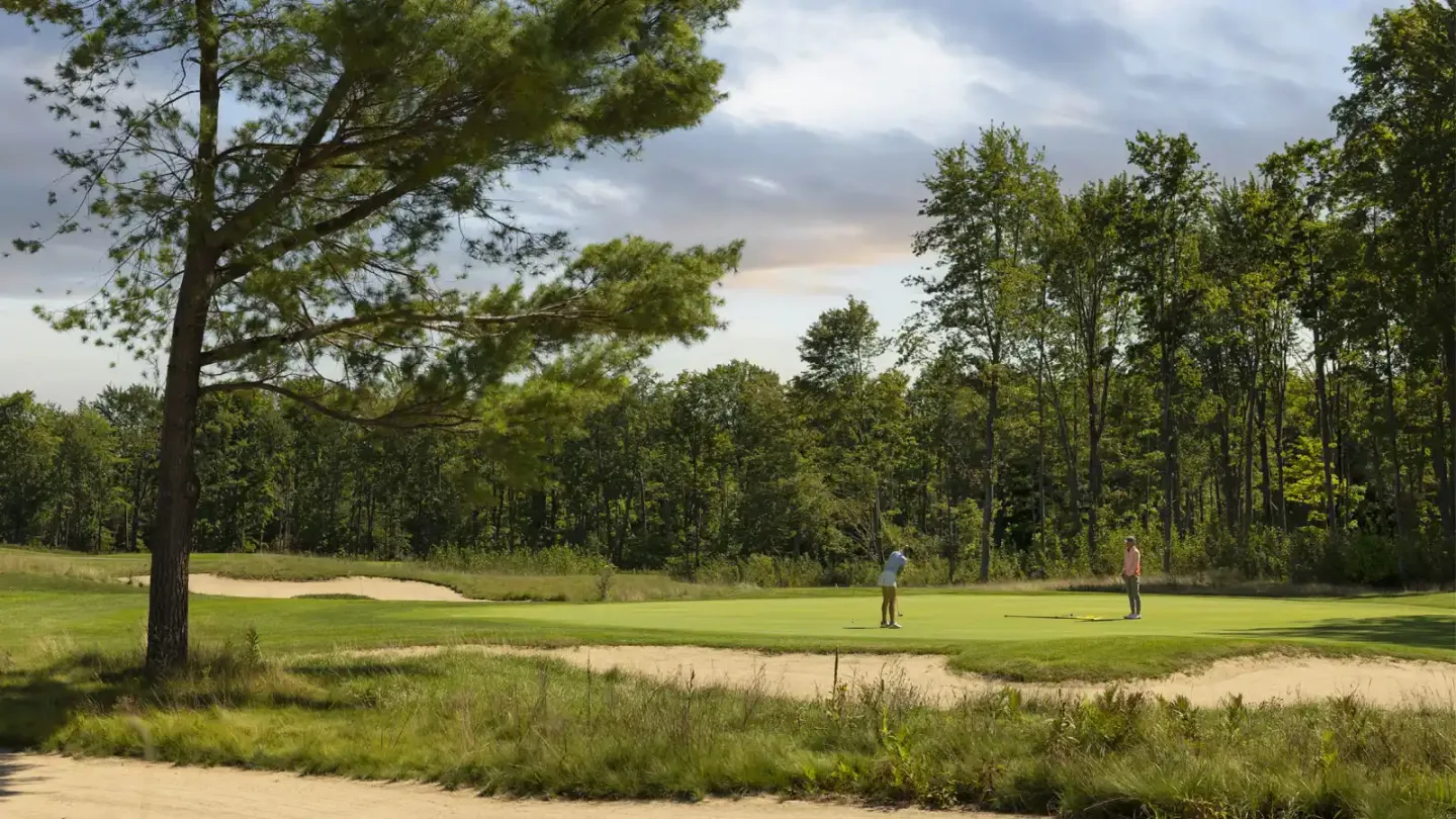 Golfers on a green surrounded by trees under a cloudy sky.