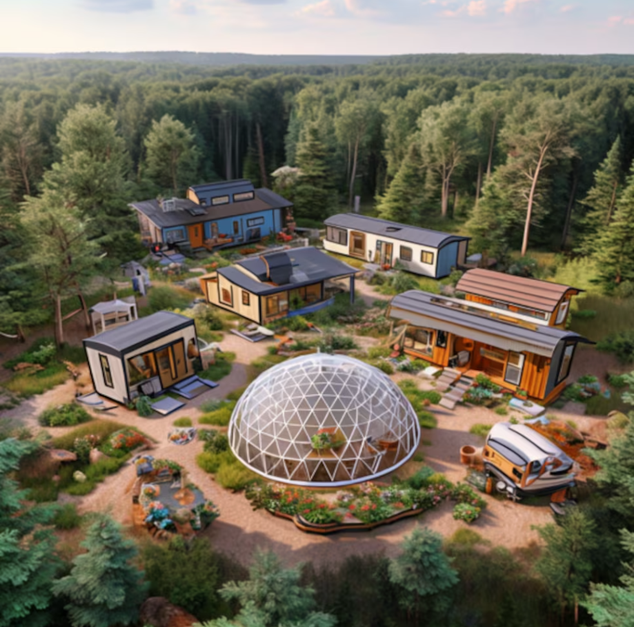 Cluster of modern tiny homes in a lush forest setting.