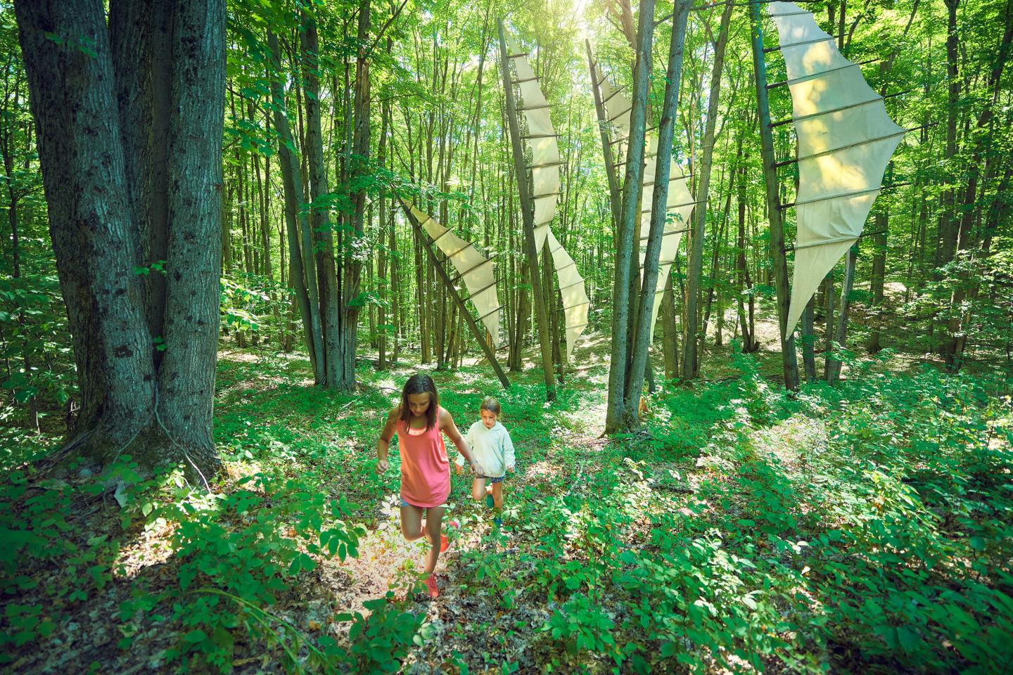 Children walking in a sunlit forest with sail-like structures among the trees.