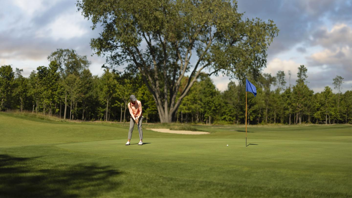 Golfer putting on a green course, flag near hole, surrounded by trees under a cloudy sky.