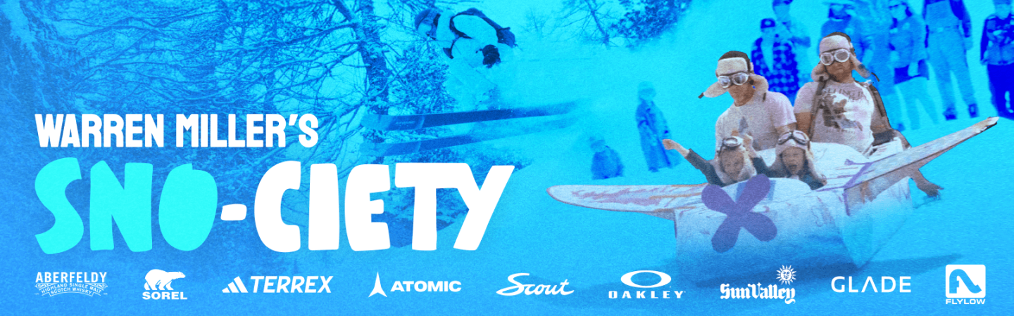 Blue graphic with "Sno-ciety" text, skiers, snowy background.