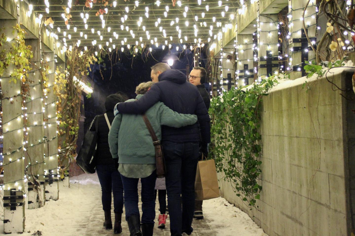 Family walking under twinkling lights in a snowy walkway.