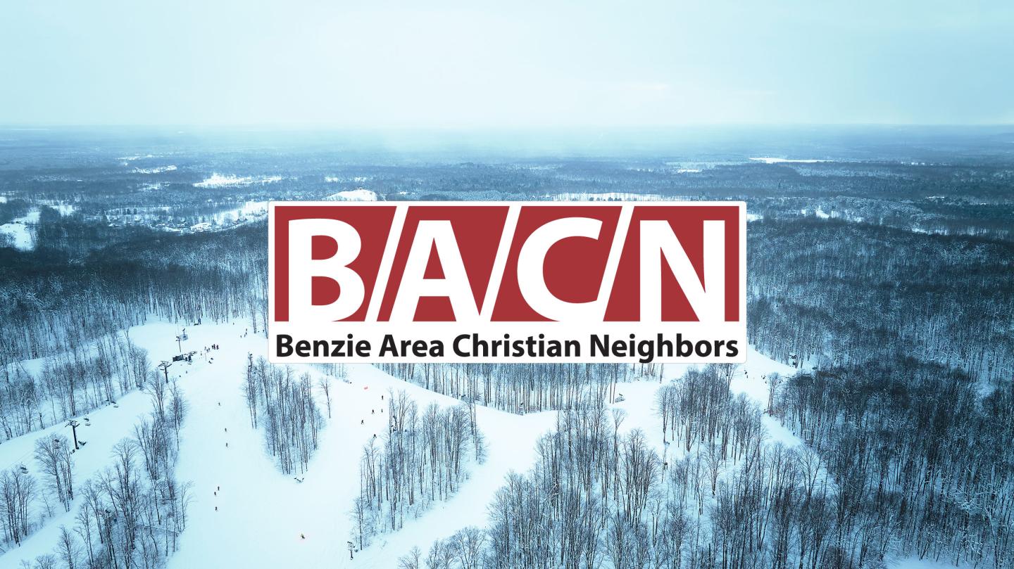 Benzie Area Christian Neighbors logo over snowy forest landscape.