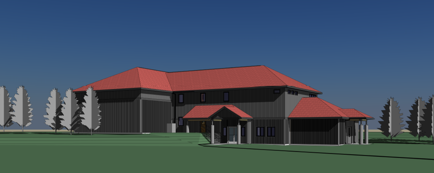 3D-rendered house with red roof, set against a blue sky and surrounded by trees.