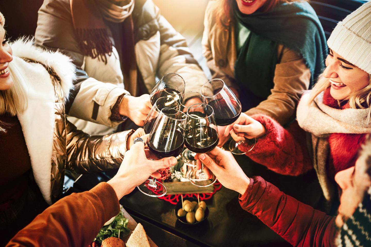 Friends toasting with red wine in a cozy setting, wearing winter clothes.