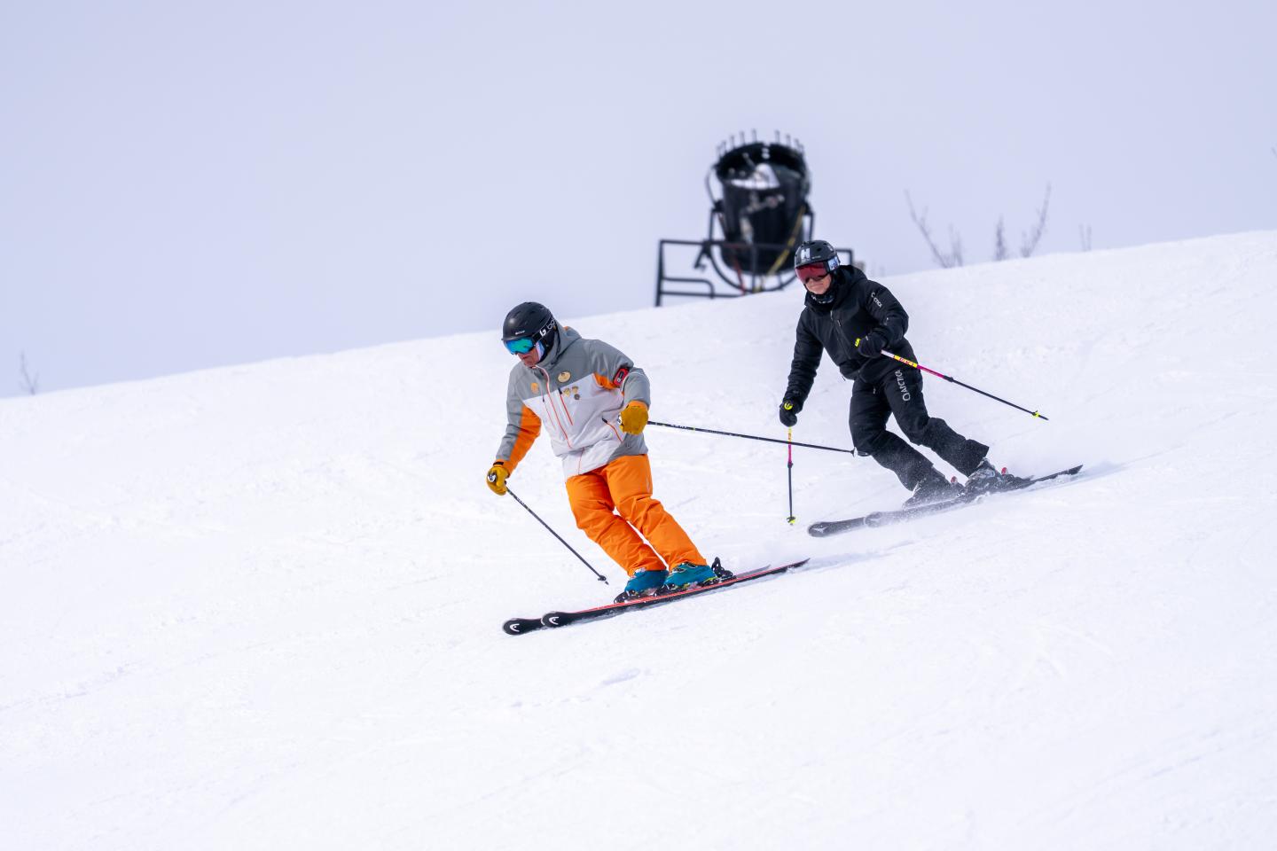 Skier and instructor glide down a snowy slope.