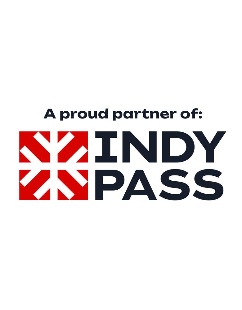 Indy Pass logo with red geometric design that says "A proud partner of Indy Pass"