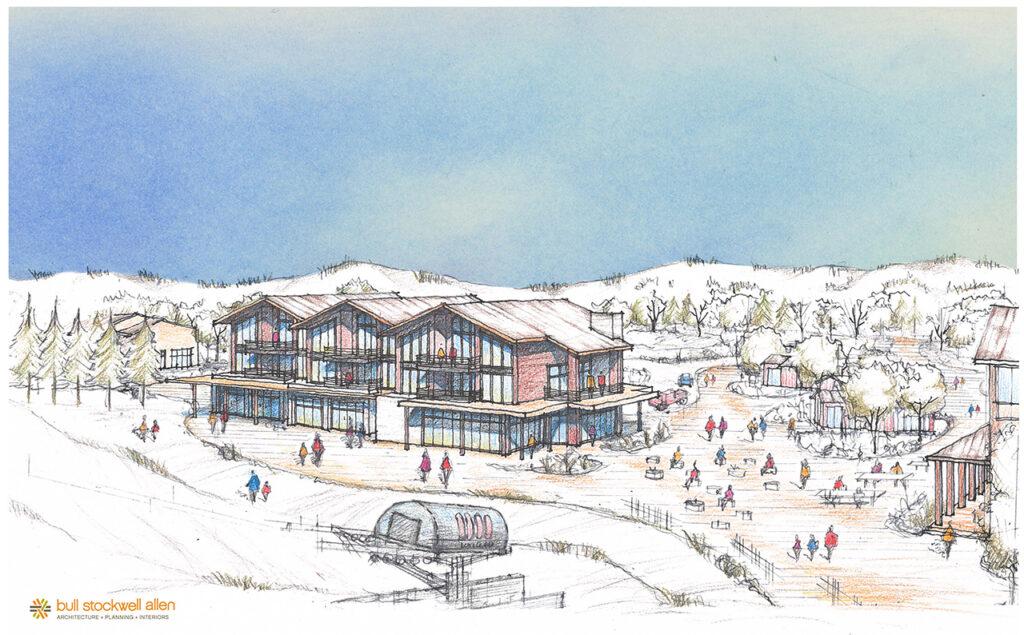 Ski resort illustration with lodge, ski lift, and snowy landscape.