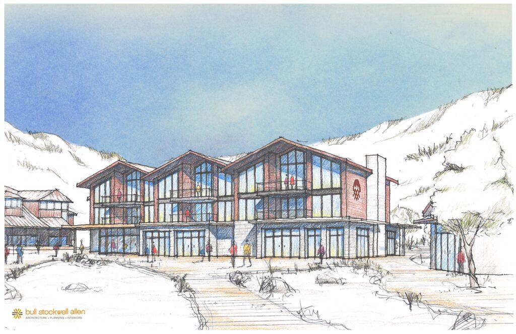 Architectural sketch of a modern lodge in a mountainous landscape.