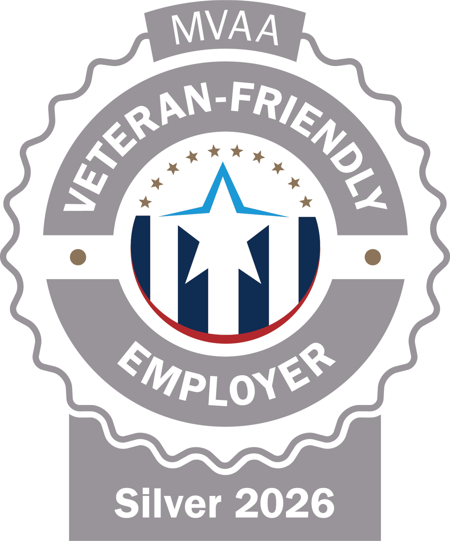 MVAA Veteran-Friendly Employer Silver 2026 badge with star and stripes.