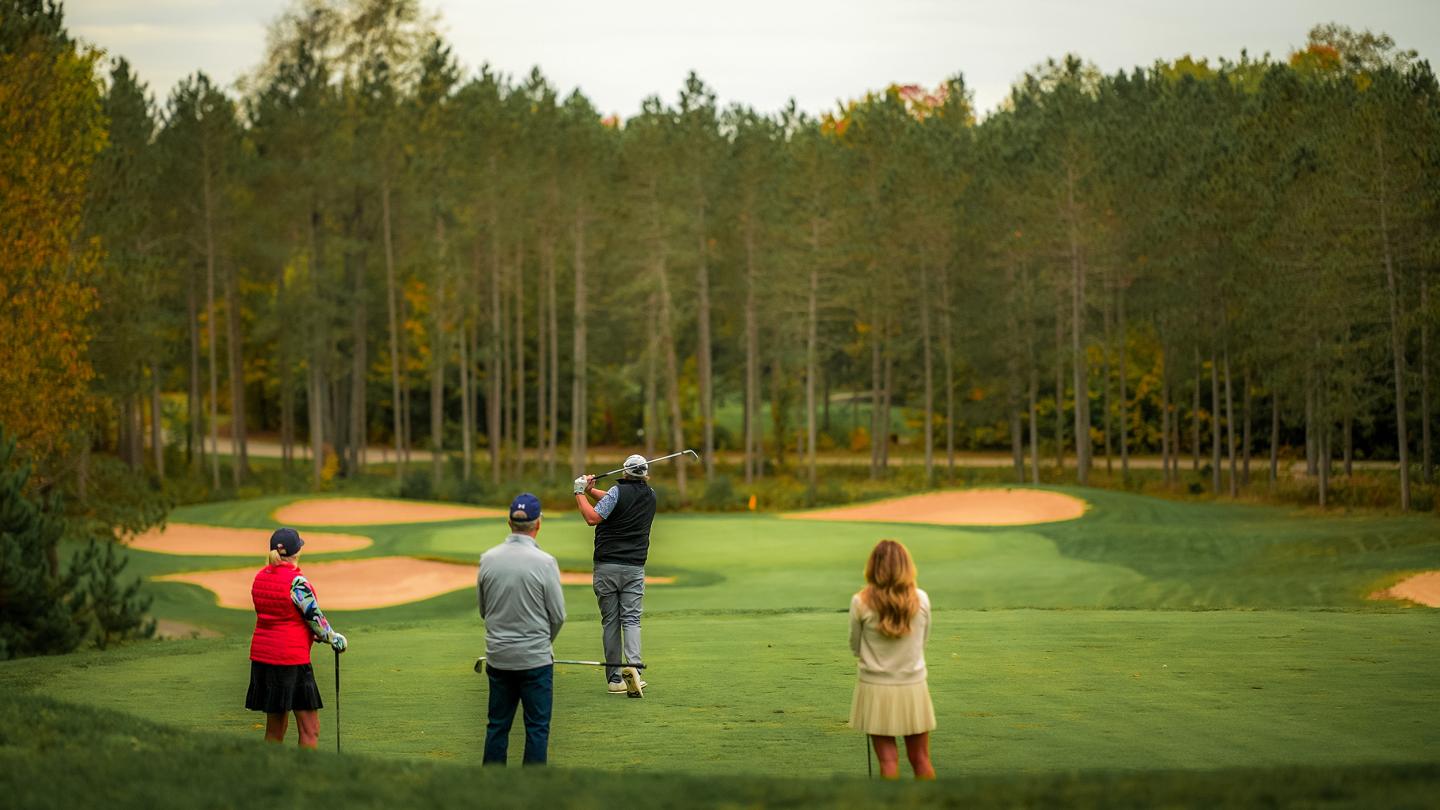 Golfer swings on a lush course surrounded by spectators and trees.