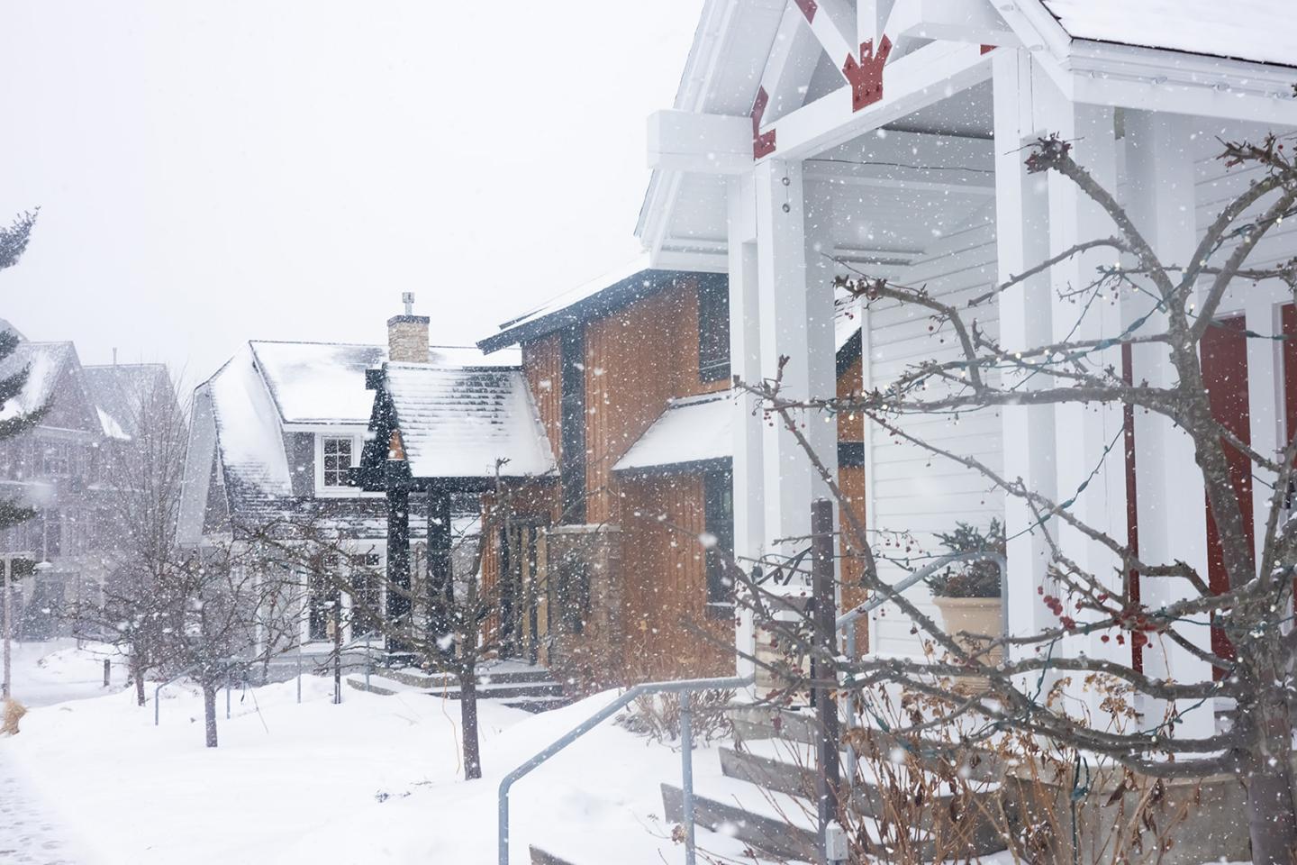 Snow-covered bungalows during a snowfall.