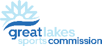 Great Lakes Sports Commission logo, blue stylized waves and sun.
