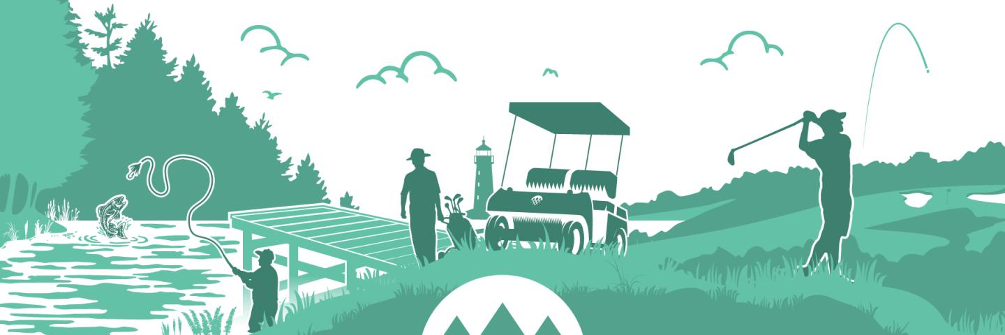 Golf course scene with trees, a lake, people, and a golf cart.