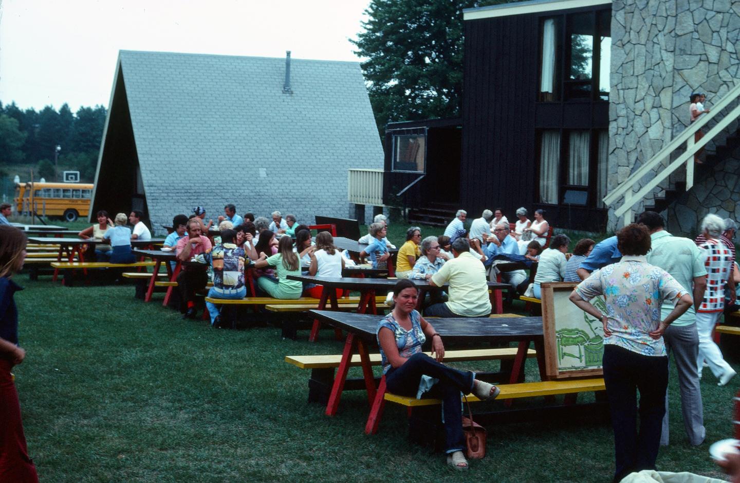 People sitting at picnic tables in a grassy area near wooden buildings.