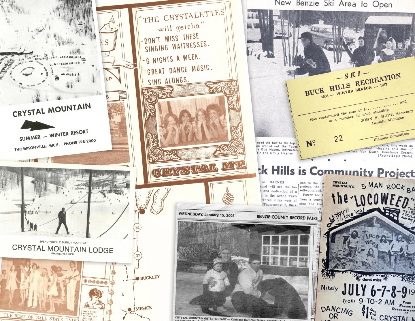 Vintage ski resort advertisements and postcards collage.