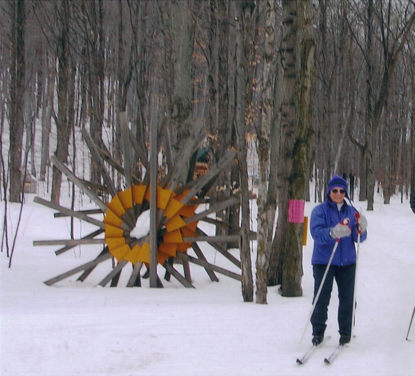 Skier in snowy forest beside wooden sun sculpture.