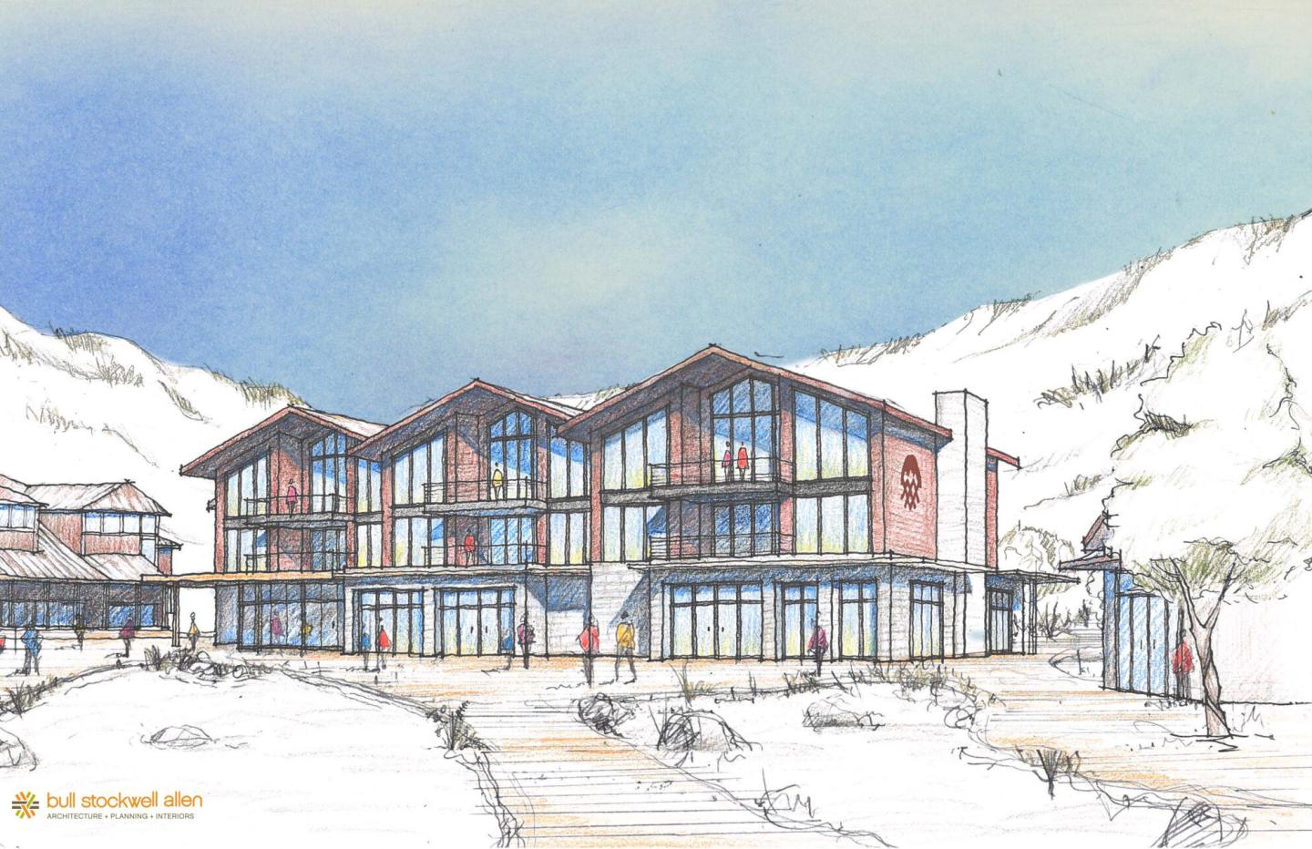 Architectural sketch of a modern mountain lodge with large windows.