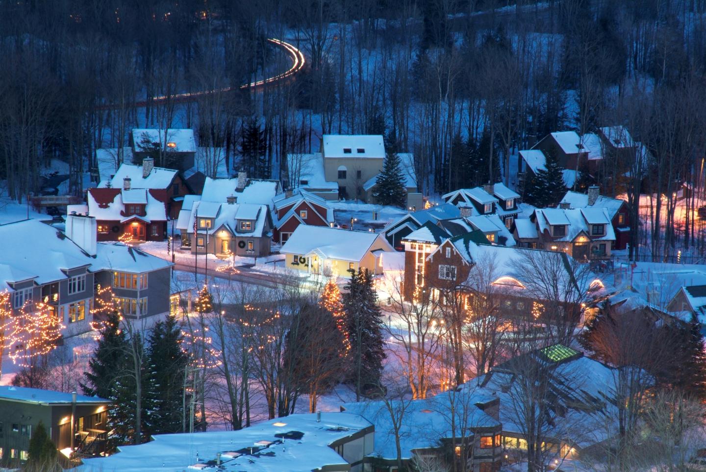 Crystal village at night with illuminated houses and trees.
