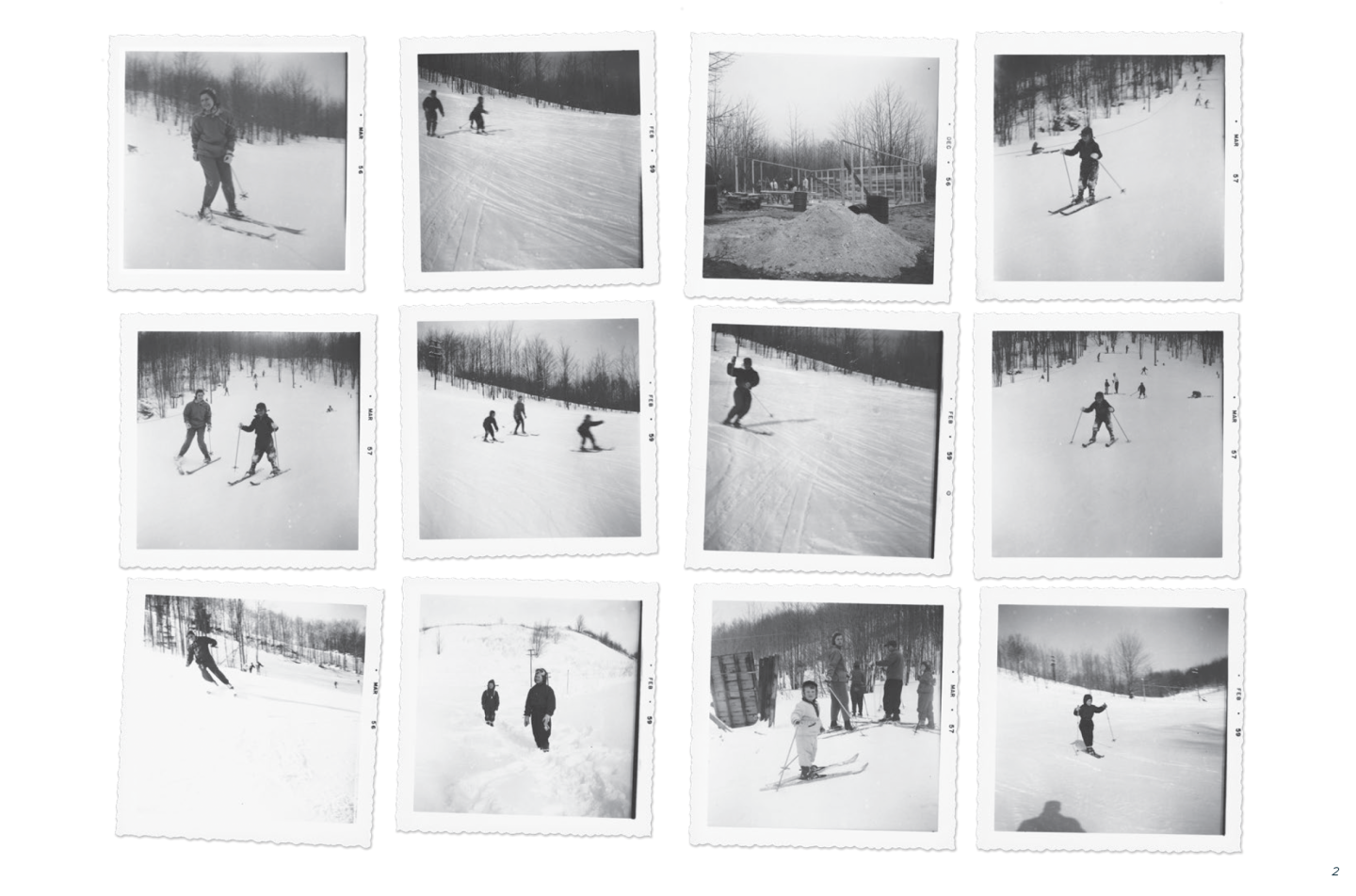 Vintage black-and-white photos of people skiing and snowy landscapes.