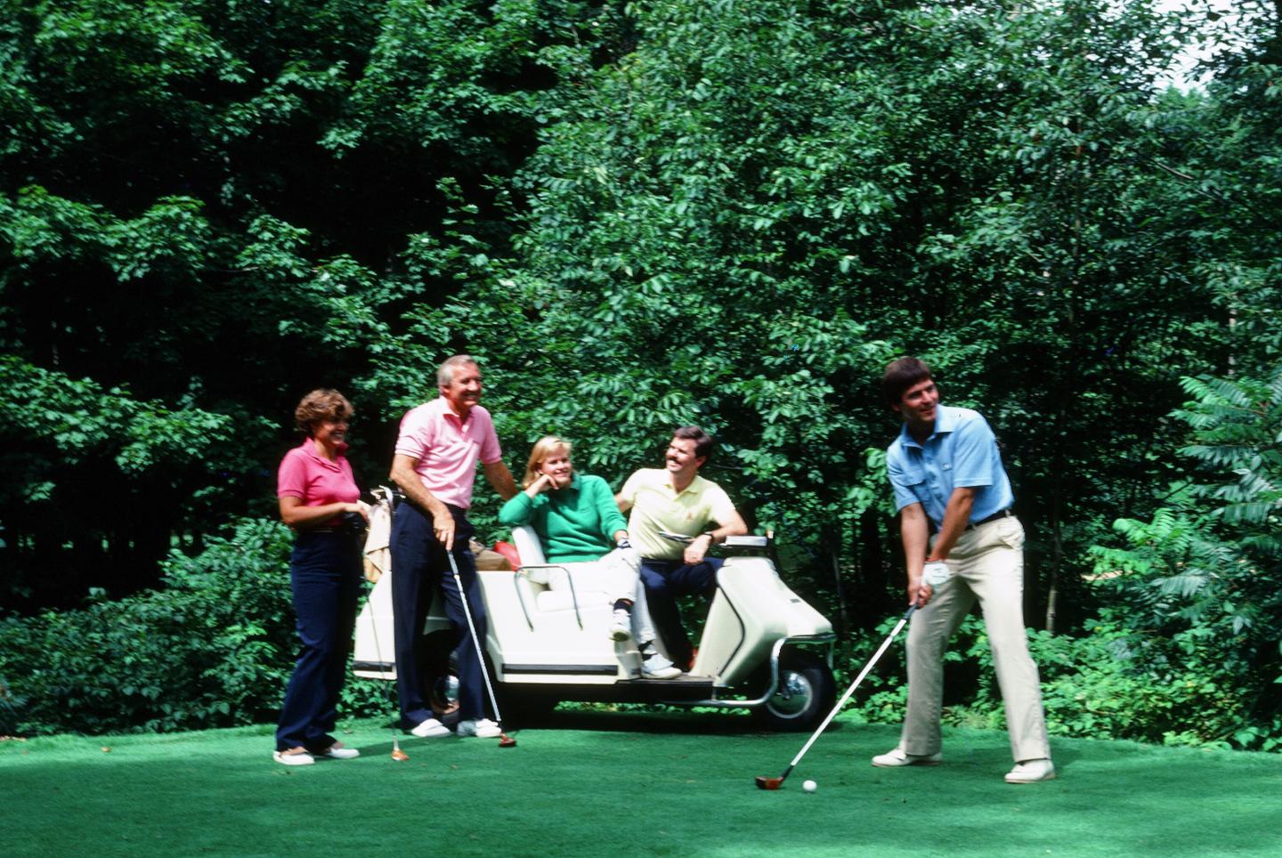 Golfers and a cart on a lush green course, preparing to swing.