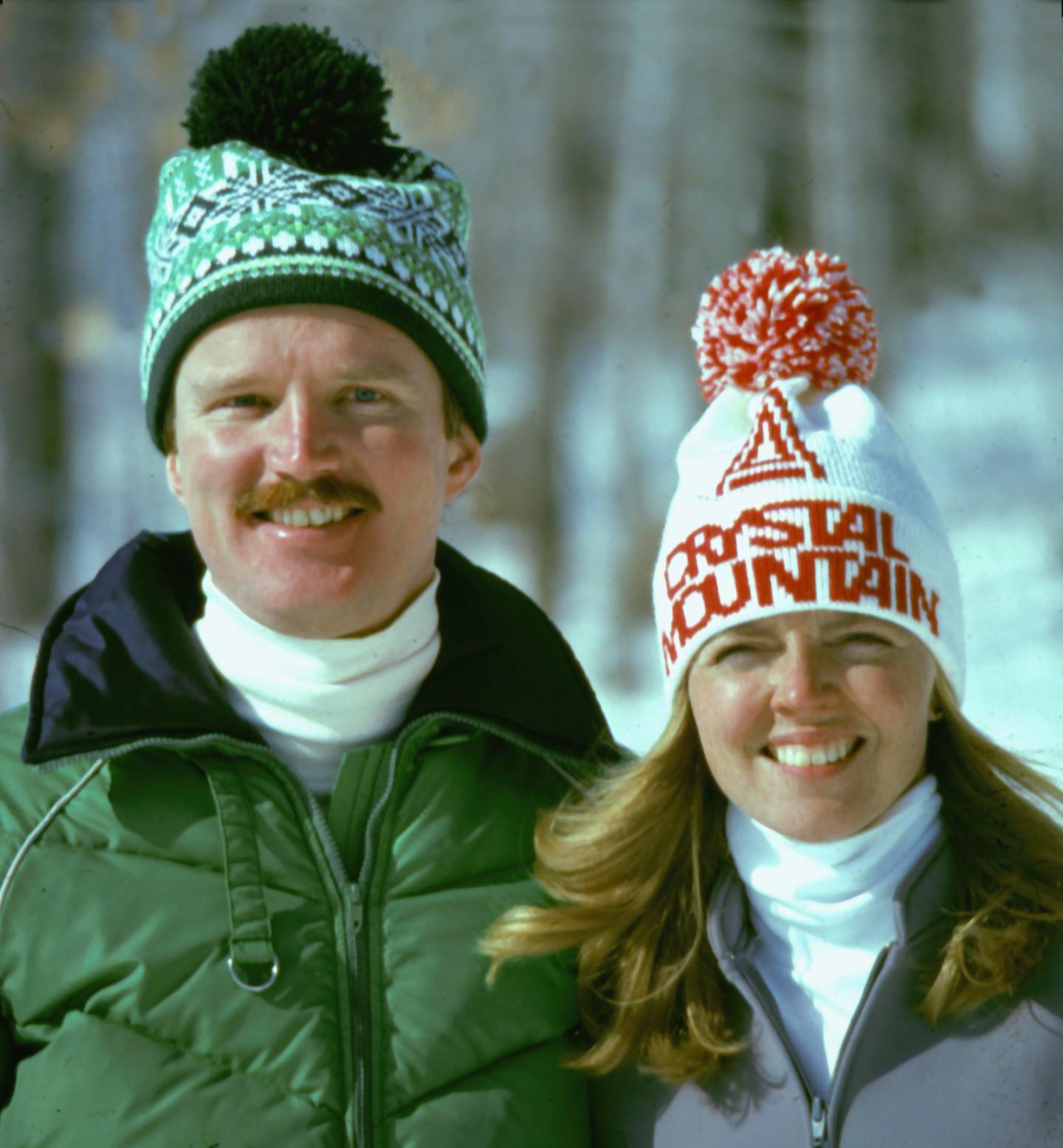 Nancy Story, Crystal’s PR manager and avid skier, with husband Mick, around 1983