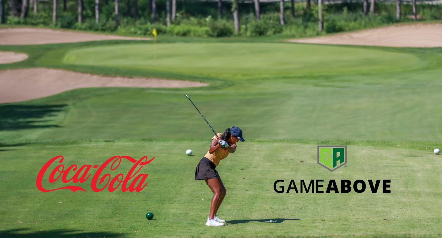 Golfer mid-swing on a green course with Coca-Cola and GameAbove logos.