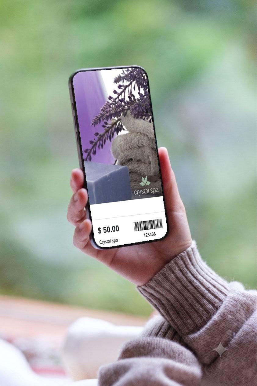 Hand holding a smartphone displaying a gift card.