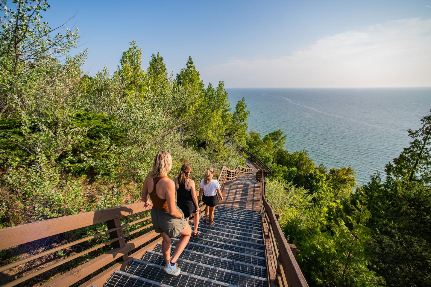 Three people climb wooden steps surrounded by greenery, overlooking a calm sea.