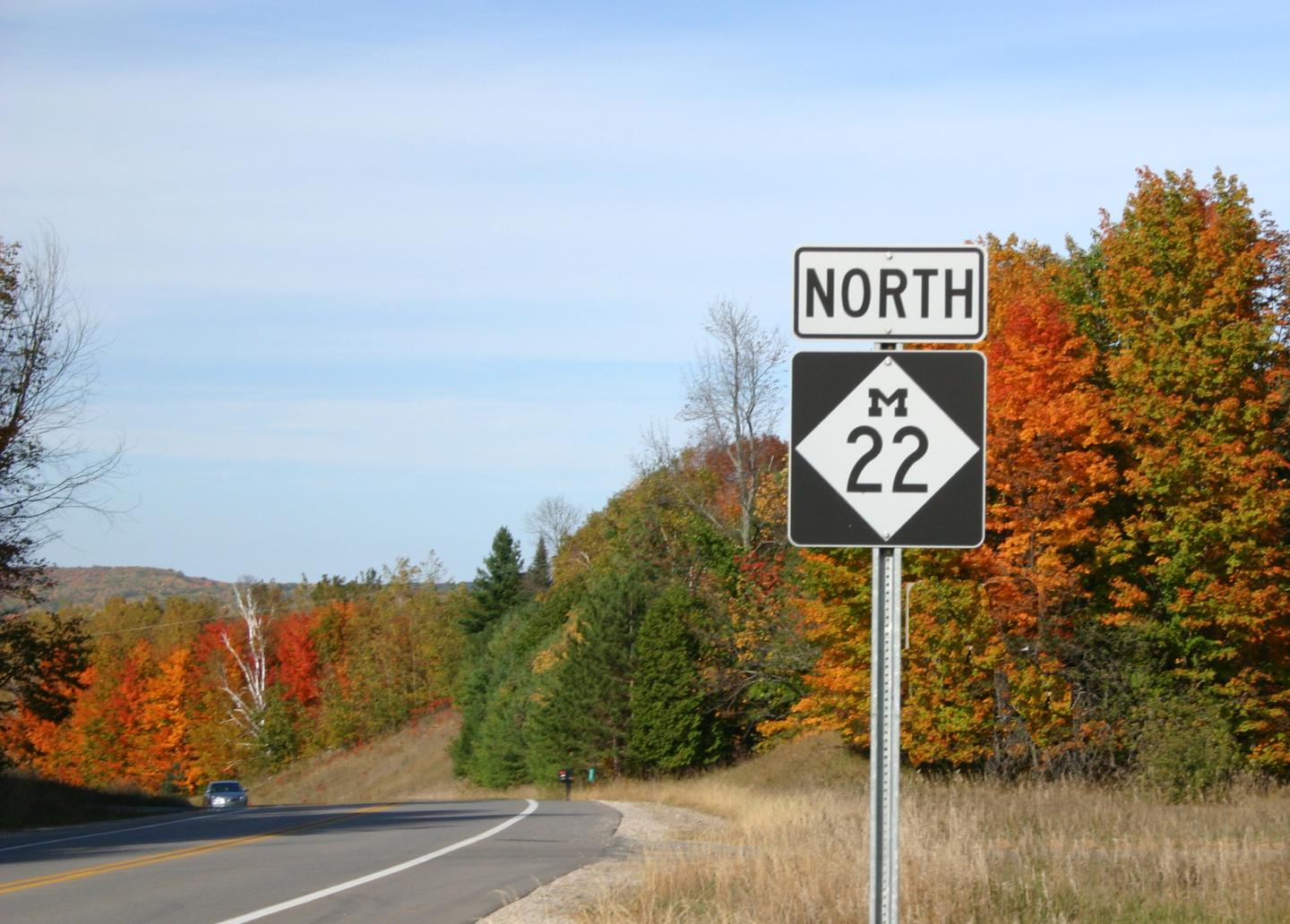 M22 sign on a rural road lined with autumn trees
