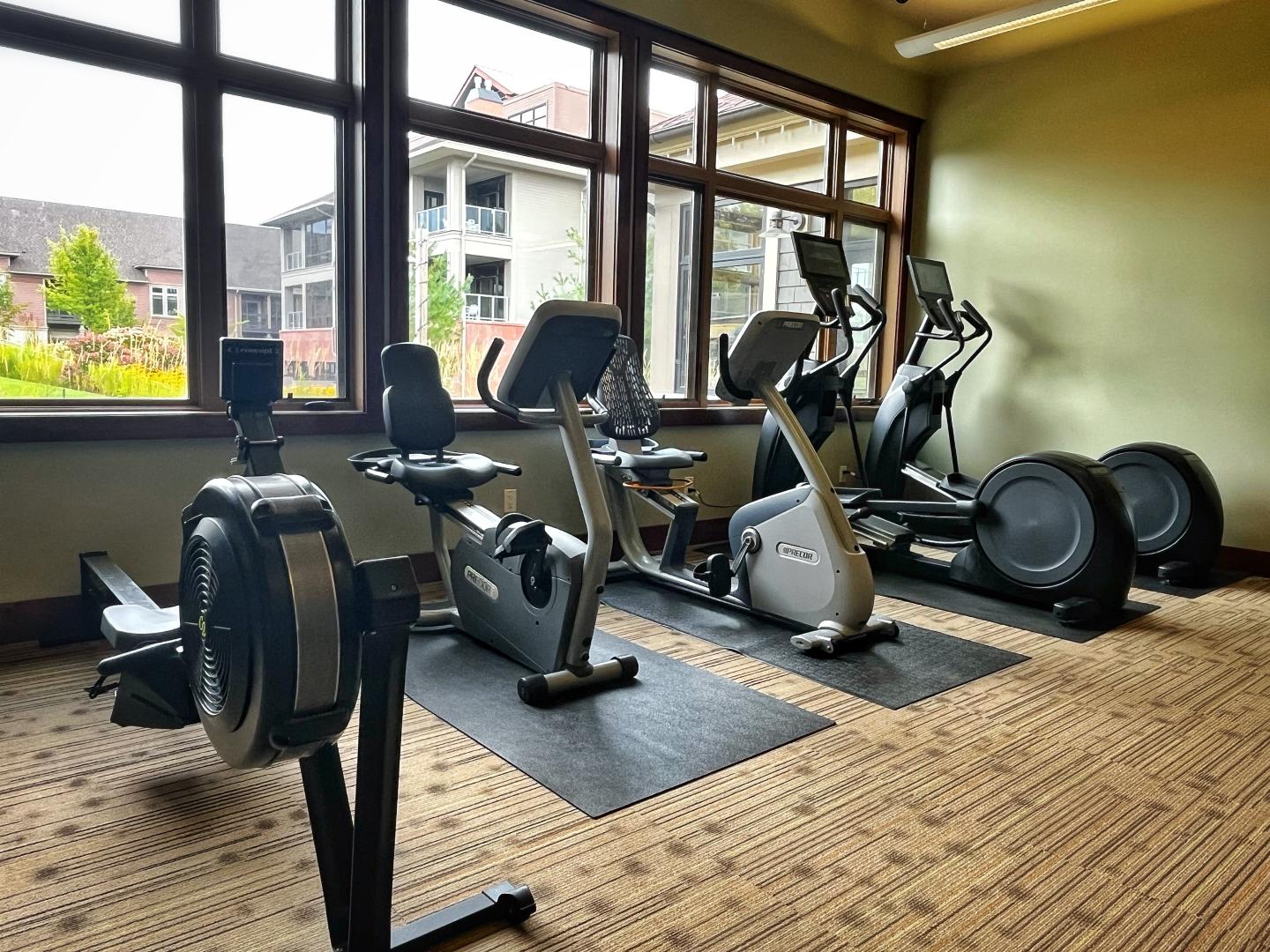 Gym cardio area with rowing machines, stationary bikes, and large windows.