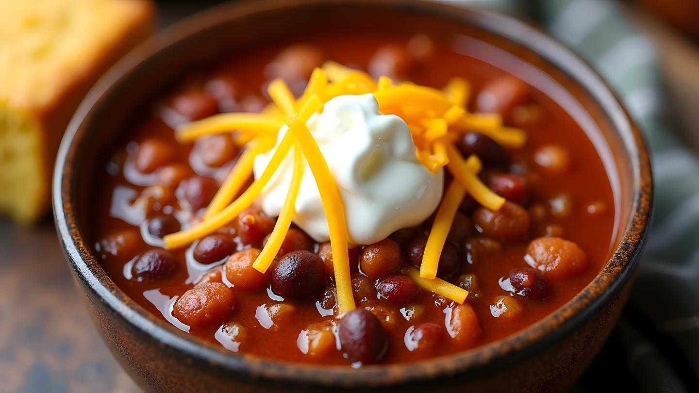 Bowl of chili topped with sour cream, shredded cheese, and tortilla strips