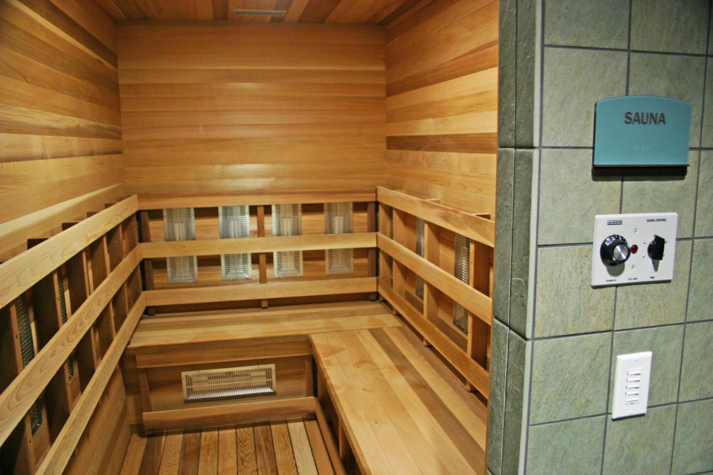 Wood-paneled sauna with benches, viewed through an open doorway.